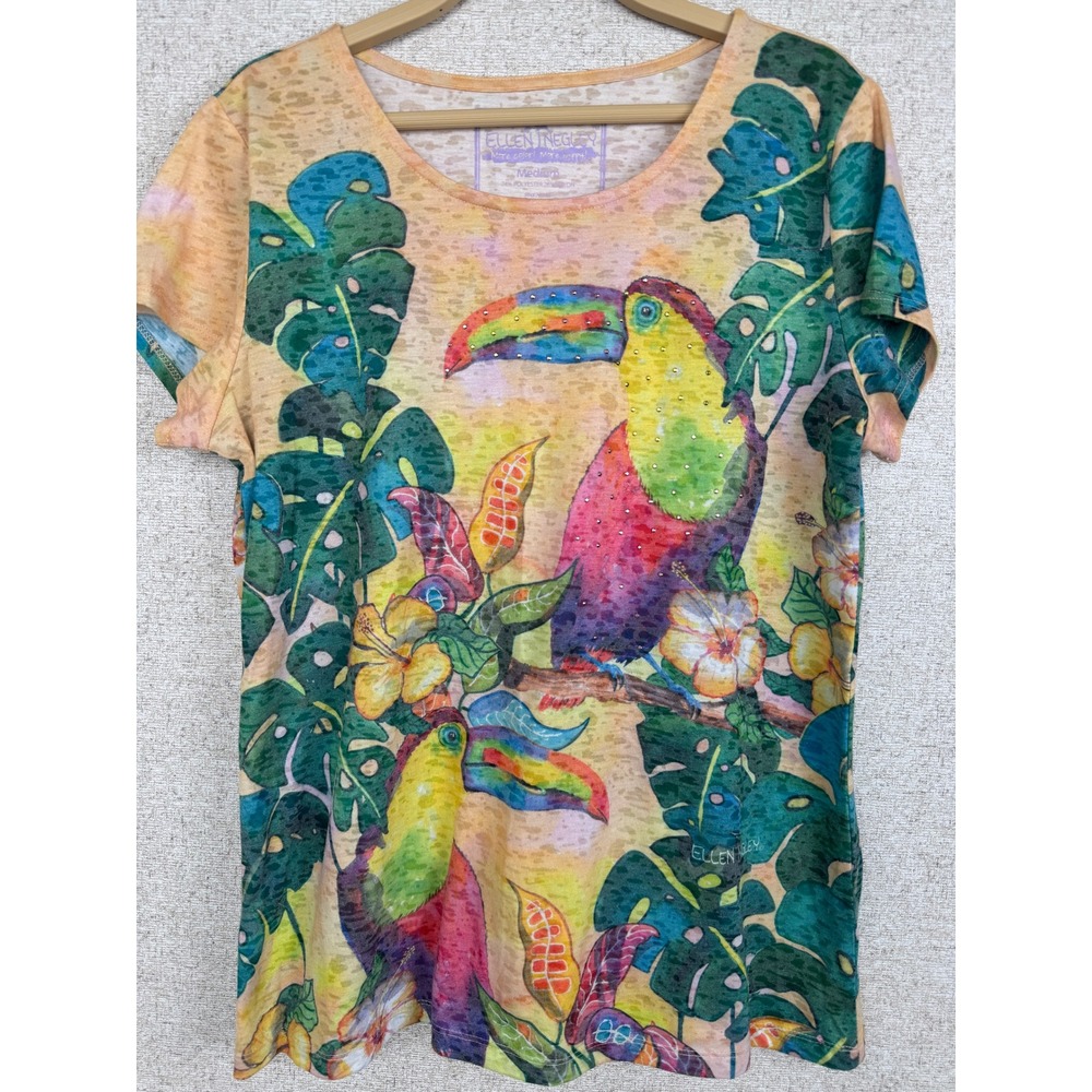 Ellen Negley Toucan Watercolor Rhinestone Top — Size M — Tropical Print